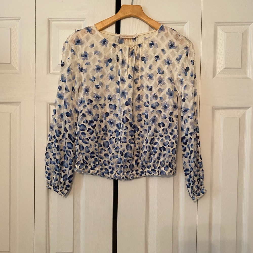 Tory Burch Silk Cream Blouse with Blue Petal Print